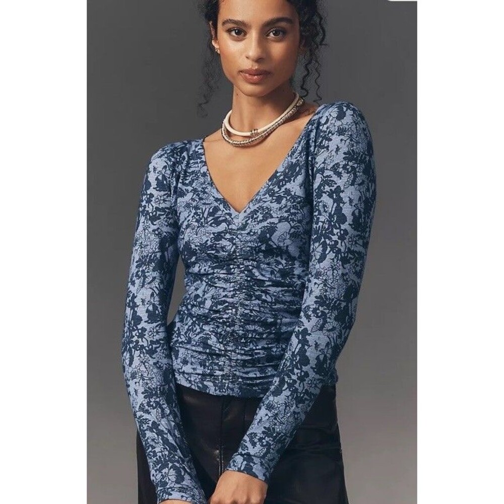 Pilcro Anthropologie Long-Sleeve Cinched V-Neck Top Blue Floral Sz M NEW Classic